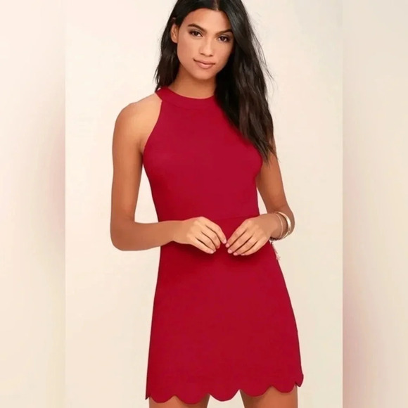 Lulu’s | NEW Favorite Feeling Wine red Halter dress Scallop hem‎ women’s size XS - Picture 1 of 7